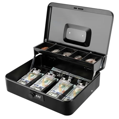 Jssmst Metal Cash Box with Money Tray and Lock, Portable Cash Drawer, 11.8" - color: Black Code-A