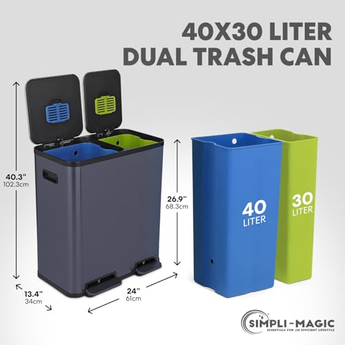 Simpli-Magic 70 Liter / 18.5 Gallon Rectangular Hands-Free Dual Compartment Recycling Kitchen Step Trash Can with Soft-Close Single Lid, Stainless Steel (40L x 30L Capacity), Blue - color: Blue, size: 70 Liter