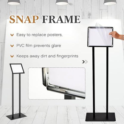 Floor Standing Sign Holder Menu Stand Metal Pedestal Poster Board Stand 8.5 x 11 Inch Advertisement Display Aluminum Snap Open Frame for Outdoor Restaurant Cafe Hotel, Black