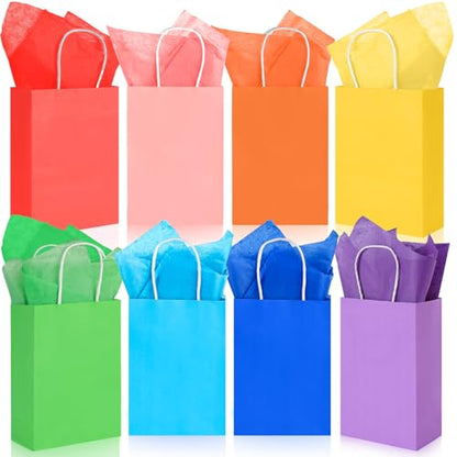 LovesTown 24 Pack Gift Bags with Tissue Paper, 8 Colors