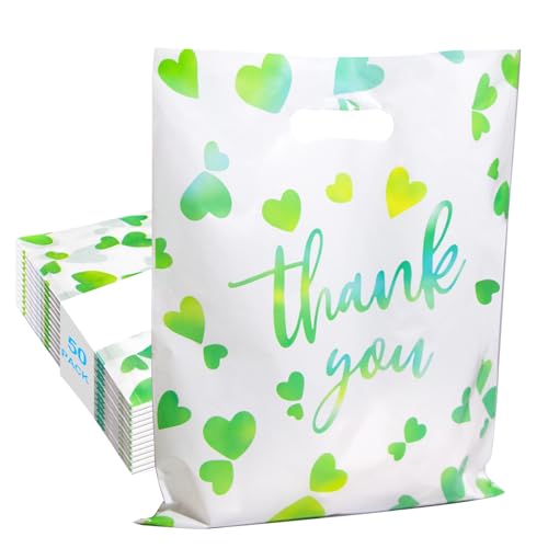 WAKAKO Bulk 50 Green Thank You Shopping Bags with Handles – Durable Plastic Retail Bags for Business Small, Boutique, Gifts, Merchandise (Small 12"x9") – Fits Accessories & Jewelry - size: 1 Count (Pack of 50)