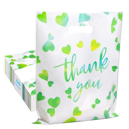 WAKAKO Bulk 50 Green Thank You Shopping Bags with Handles – Durable Plastic Retail Bags for Business Small, Boutique, Gifts, Merchandise (Small 12"x9") – Fits Accessories & Jewelry - size: 1 Count (Pack of 50)