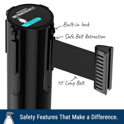 Commercial-Grade Retractable Belt Barrier 2pk by Visiontron, 40” Tall Crowd Control Stanchion, 10’ Long Belt/Visiontron Prime Steel, Self-Straightening No-Tools Assembly, (VS Black Post w/Black Belt) - color: Black Post w/ Black Belt (P)