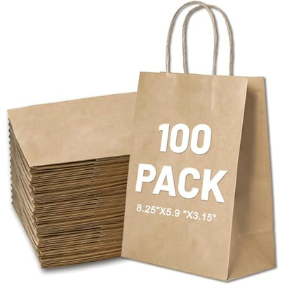 LIHOMR Gift Bags 5.9"x3.15"x8.25" 100pcs Brown Kraft Paper Bag with Handles - color: Brown, size: 8.25 x5.9x3.15 Inch (Pack of 100)