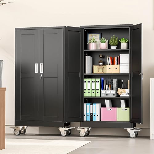 pozdeg 61" Black Lockable Rolling Metal Garage Storage Cabinet - color: Black, size: 13.78"D x 27.56"W x 61"H