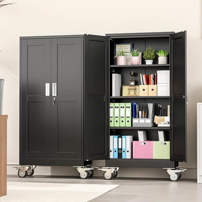 pozdeg 61" Black Lockable Rolling Metal Garage Storage Cabinet - color: Black, size: 13.78"D x 27.56"W x 61"H