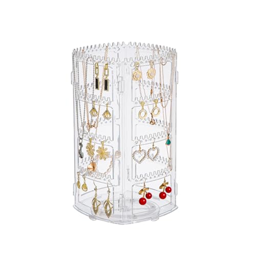 360° Rotating Jewellery Stand Organiser, Clear Display Earring Holder, 4 Tiers Jewellery Stand Necklace Stand Jewelry Dangle Earring Necklace Bracelet Display Rack Stand for Storage