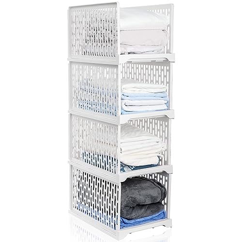 AVLA 4 Pack 38" Stackable Plastic Storage Basket, Plastic Foldable Closet Organizer Storage Bins, Wardrobe Storage Box Clothes Drawer Shelf Container for Cupboard Bedroom Dorm Bathroom Kitchen Office