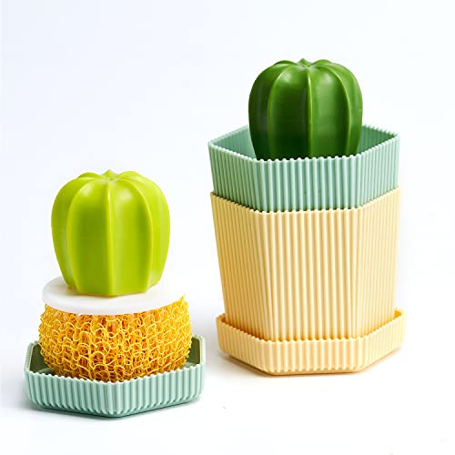 Cactus Mini Dish Brush Set with Drip Tray (3 Replacement Brushes), Durable Kitchen Cleaning Scrubbers for Plates, Pans, Pots, Sink (Green) - color: Green