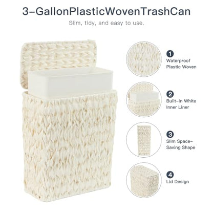 Wicker Trash Can with Lid & Liner, Small Bathroom Waste Basket, Beige - color: white