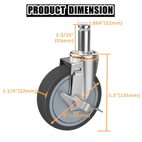 RILIDRI 4-Inch Caster for Wire Shelving Racks with Brakes(Grip Ring Stem-Fit for 7/8” ID Tubing), Set of 4 Metro Shelving Replacement Wheels(.864" x 2-3/16") - size: 4 Inch