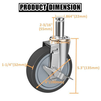 RILIDRI 4-Inch Caster for Wire Shelving Racks with Brakes(Grip Ring Stem-Fit for 7/8” ID Tubing), Set of 4 Metro Shelving Replacement Wheels(.864" x 2-3/16") - size: 4 Inch