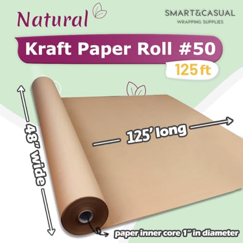 SMART&CASUAL 48" x 1,500" (125') Brown Kraft Craft Paper Roll for Gift Wrapping Bulletin Board Bouquet Flower Art Packing Parcel Table Covering 70GSM 50LB (Brown, 48" x 125') - color: Brown, size: 48" x 1,500" ( 125ft )