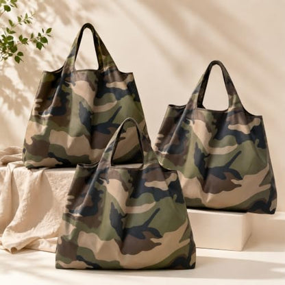 Large Capacity Unisex Tote Bag,Foldable Tote Nylon Reusable Grocery Bags,with Camouflage Pattern for Shopping,Travel,Camping - color: Camo