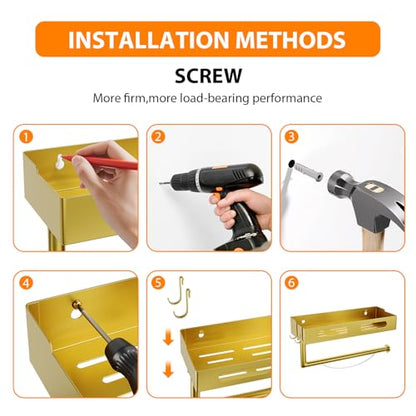 Paper Towel Holder Wall Mount for Kitchen, Paper Towel Holder with Shelf for Bathroom, RV Paper Towel Rack with 2 Hooks, Gold - color: Gold