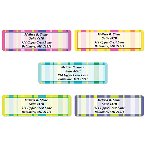 Bright Graphic Stripes Designer Assorted Rolled Address Labels with Elegant Plastic Dispenser - size: 250 Labels, style: Bright Graphic Stripes