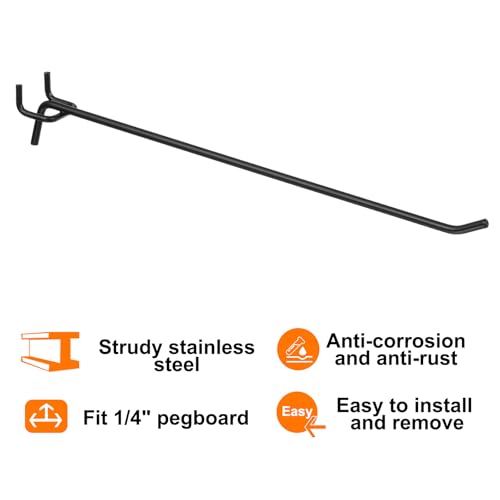 HARFINGTON 10pcs Pegboard Shelving Hooks 10" Stainless Steel Peg Board Display Hook Hanging Holders Wall Mount Organize Tools for Workbench Garage Kitchen Store, Black - size: 10 Inch