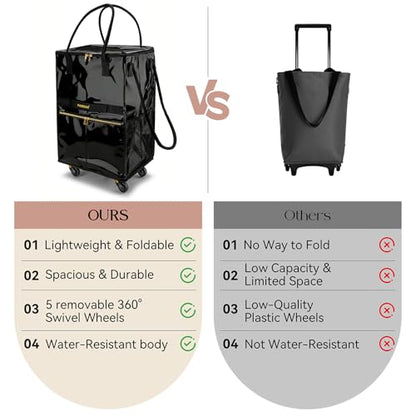 PASMAN Reusable Foldable Rolling Grocery Bag on 5 Wheels,Large,Matte Black - color: Matte-black, size: Large