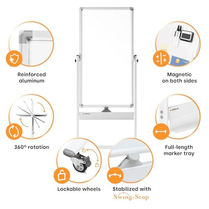 Kamelleo Rolling Whiteboard on Wheels 24" x 48", Double Sided White Board - color: Pearl White, size: 24x48