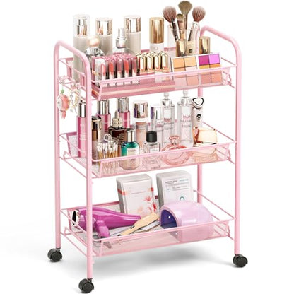 TOOLF 3 Tier Rolling Cart, Metal Utility Storage Cart with Wheels, Pink - color: Pink, size: 3-Tier