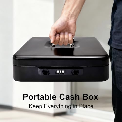 Jssmst Metal Cash Box with Money Tray and Lock, Portable Cash Drawer, 11.8" - color: Black Code-B
