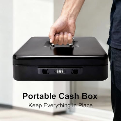 Jssmst Metal Cash Box with Money Tray and Lock, Portable Cash Drawer, 11.8" - color: Black Code-B