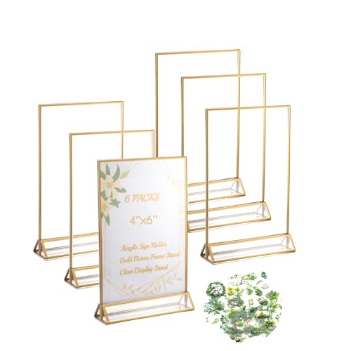 4x6 Acrylic Sign Holders, 6 Pack Gold Picture Frames for Table Number Signs - color: Gold, size: 6 PACK 4 x 6 Inch