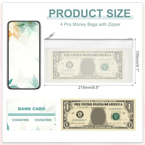 PATIKIL 8.5x4 Inch Money Bags with Zipper, 4Pcs Clear PVC Cash Deposit Bank Pouch Envelopes Check Wallet for Coin Cosmetics Invioce Bill, White - color: White