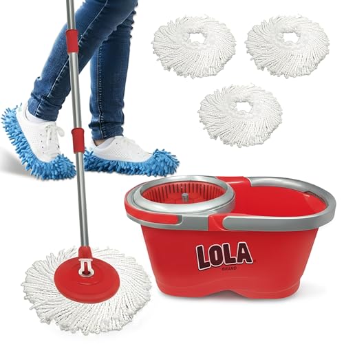 Revolution Deluxe Spin Mop & Bucket, w/ 3 Microfiber Washable Heads, 1 Pair Microfiber Mop Slippers, Fast Dry, Deep Clean Floors & Hands-Free Wringer, Easy Spin Dry, No Exhaustive Foot Pedal, LOLA