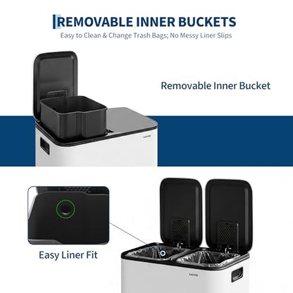 2x8 Gal Dual Compartment Stainless Steel Kitchen Trash Can with Lid, 30L+30L Recycling Garbage Bin, Soft Close Foot Pedal Trash Bin with 2 Removable Inner Buckets, Fingerprint Resistant for Home Offic - color: White, size: 2x8 Gal