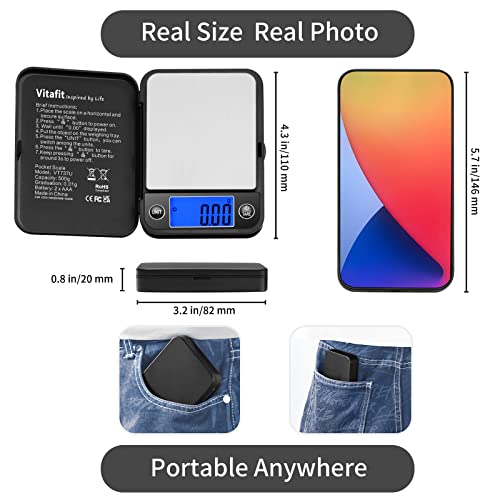 Vitafit 500g Digital Pocket Scale High Accuracy 0.01g, Gram Scale Blue LCD
