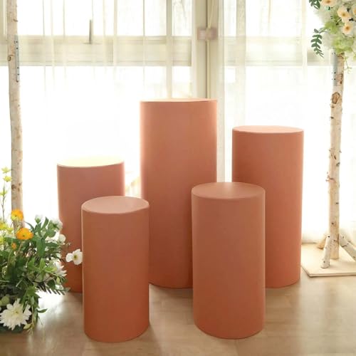 Efavormart Set of 5 | Terracotta Spandex Cylinder Plinth Display Box Stand Covers, Stretchable Pedestal Pillar Prop Covers - 160 GSM - color: Terracotta, size: Spandex Cylinder Covers