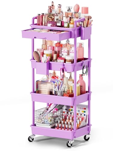 Goovilla Rolling Makeup Organizer Cart with Removable Drawer, 4 Tier Purple - color: Purple, size: 4 Tier