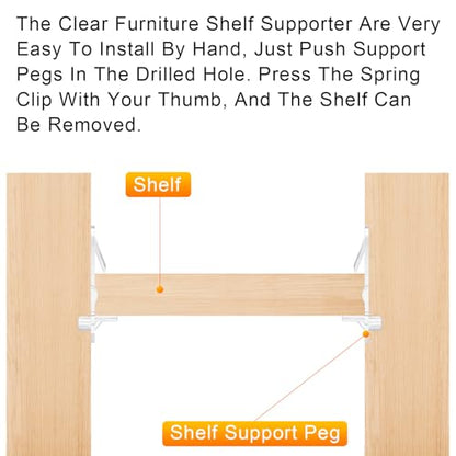 30PCS Clear Plastic Shelf Support Pegs for 3/4" Thick Wood Shelving, 5mm Peg Cabinet Shelf Clips with Self-Locking Design, Secure Kitchen Cabinet Shelf Pegs for Bookshelves and Storage Organizers