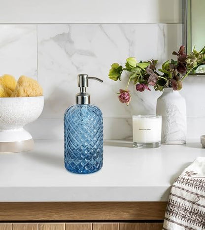 JASAI 18Oz Gem Patterned Glass Soap Dispenser for Kitchen and Bathroom - color: Navy Blue