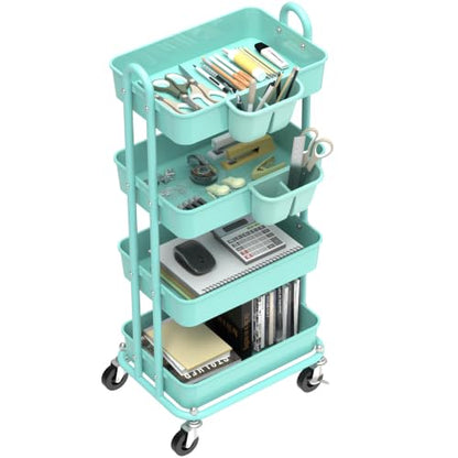 Simple Houseware 4-Tier Rolling Utility Cart with Hanging Bucket, Turquoise - color: Turqoise, size: 4-Tier