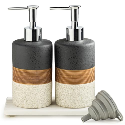 Ceramic Dish Soap Dispensers Set of 2 for Kitchen and Bathroom - color: Black and White, size: 2xSoap Dispenser Set with Tray