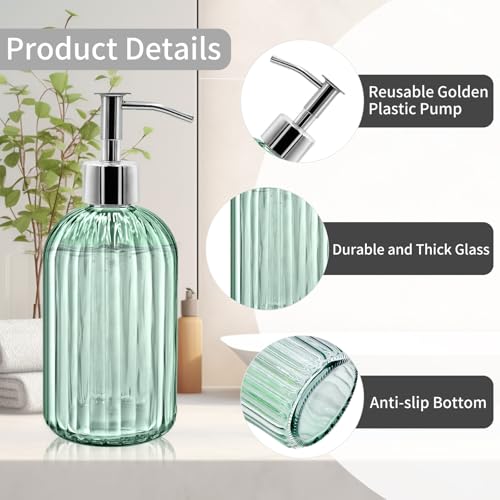 2 Pack Glass Soap Dispenser Bottle with Pump, 14 Oz Refillable Liquid Hand Jar Dispenser for Bathroom, Countertop, Kitchen, Laundry Room (Light Green) - color: Light Green