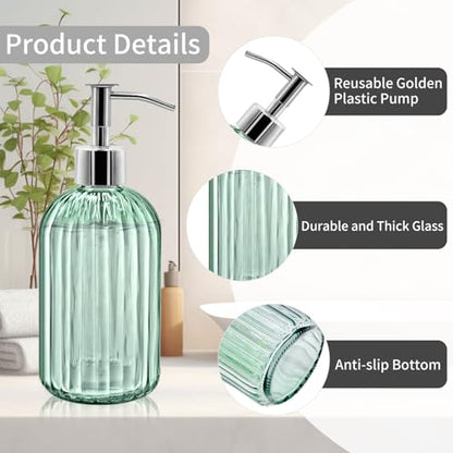 2 Pack Glass Soap Dispenser Bottle with Pump, 14 Oz Refillable Liquid Hand Jar Dispenser for Bathroom, Countertop, Kitchen, Laundry Room (Light Green) - color: Light Green
