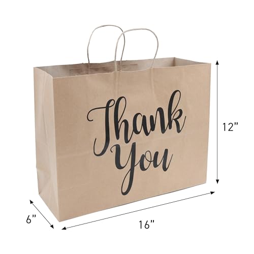 Large Kraft Thank You Paper Shopping Bags - 16”L x 6”D x 12”H - Case of 100
