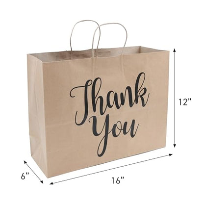 Large Kraft Thank You Paper Shopping Bags - 16”L x 6”D x 12”H - Case of 100