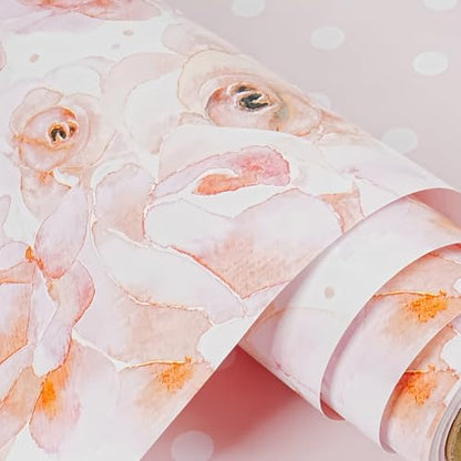 Pink Flower Wrapping Paper, Reversible Pink Wave Point Baby Girl Women Wrapping Paper Gift Wrap for Birthday, Valentines, Mothers day, Graduation, Wedding, Fathers day, Baby Shower (17in x 32.8ft) - color: Pink Floral