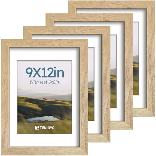 9x12 picture frame 4 Pack, 6x8 Mat, Natural Wood, Glass, for Photo - color: Natural, size: 9 X 12