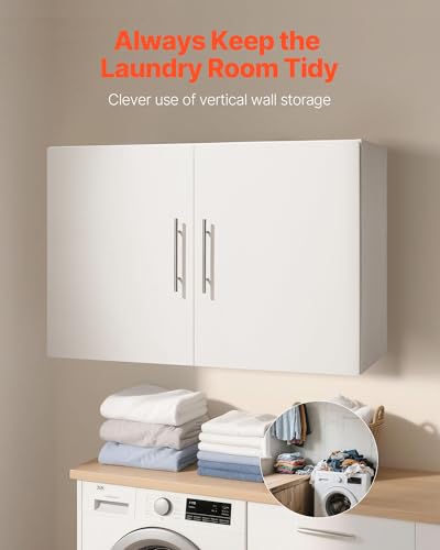 VEVOR Laundry Room Wall Cabinet, 2-Tier Wall Mounted Hanging Cabinet with Adjustable Shelf, 36 in Cupboard Storage with 2 Doors, for Kitchen, Bathroom, Laundry, 16 x 36 x 24 in (D x W x H), White - size: 36 Inch, style: 2 Doors