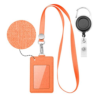 Life-Mate Badge Holder - Leather ID Badge Card Holder Wallet Case with 3 Cards Slot and Neck Lanyard/Strap. Additional Retractable Badge Reel with Belt Clip (Orange, Linen Finish) - color: Orange