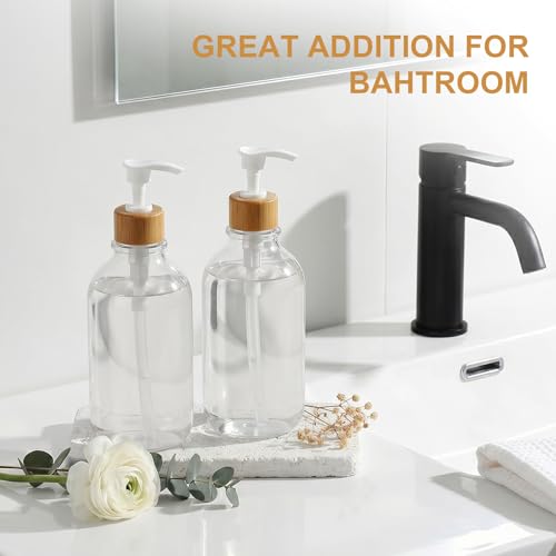 KASUNTING Clear Soap Dispenser, 2 Pack Plastic Dish Soap Dispenser for Kitchen, 17 Fl Oz Bathroom Hand Soap and Lotion Dispensers Set with Bamboo Pump, Refillable Liquid Soap Bottles - color: Clear, size: 2 Bottles