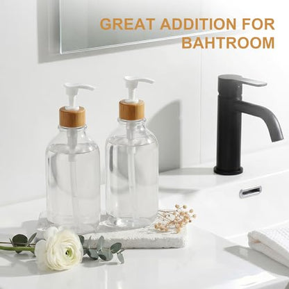 KASUNTING Clear Soap Dispenser, 2 Pack Plastic Dish Soap Dispenser for Kitchen, 17 Fl Oz Bathroom Hand Soap and Lotion Dispensers Set with Bamboo Pump, Refillable Liquid Soap Bottles - color: Clear, size: 2 Bottles