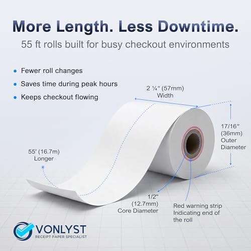 Thermal Receipt Paper Rolls for Dejavoo Z8 Z9 Z11 P1 P3 P8 QD1 QD2 QD4 QD5 – 2 1/4 x 55 BPA Free Credit Card Machine & POS Printer Paper with Red End Warning Stripe – 10 Pack - size: 10 rolls
