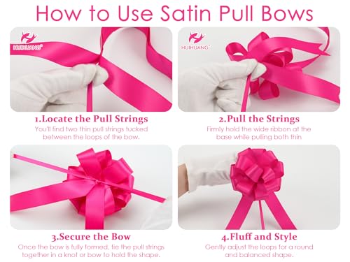 HUIHUANG Hot Pink Satin Pull Bows for Gift Wrapping 12 PCS, 4" x 8" Bows - color: Hot Pink, size: 1 Pack (12 bows, 4 in x 8 in)
