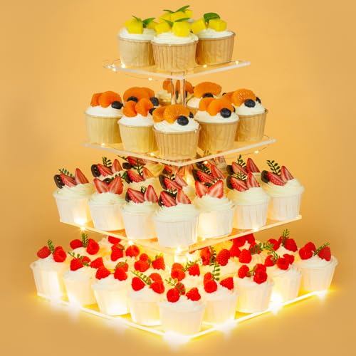 4 Tier Cupcake Stand Cupcake Holder with LED, Acrylic Square Cupcake Tower